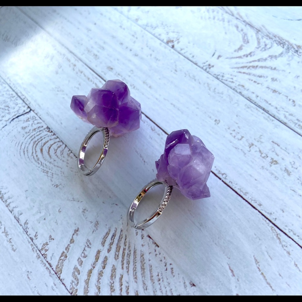 Raw Amethyst crystal stone ring Natural gemstone